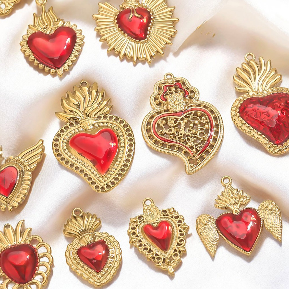 Jewelry Making Supplies Wholesale - 3pcs Stainless Steel Red Enamel Heart-shaped